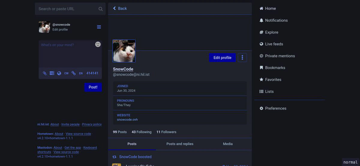 Vue de son propre profil sur Mastodon. La même colonne à gauche que précédemment, au centre notre profil avec l’en-tête, la photo de profil, les liens, la biographie, etc. Toujours des liens de navigation à droite.