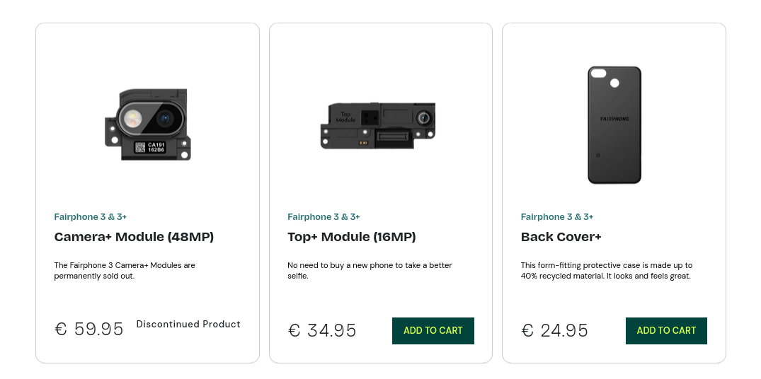 Stock des pièces détachées du Fairphone 3 sur le site officiel du constructeur